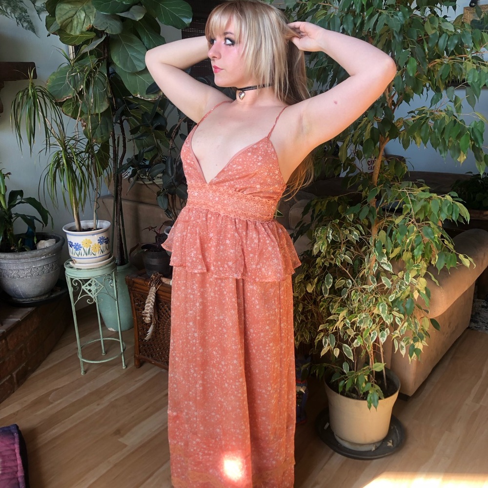 Long flowing dress. Peach and orange. Lace. 
Size medium BTFL Brand